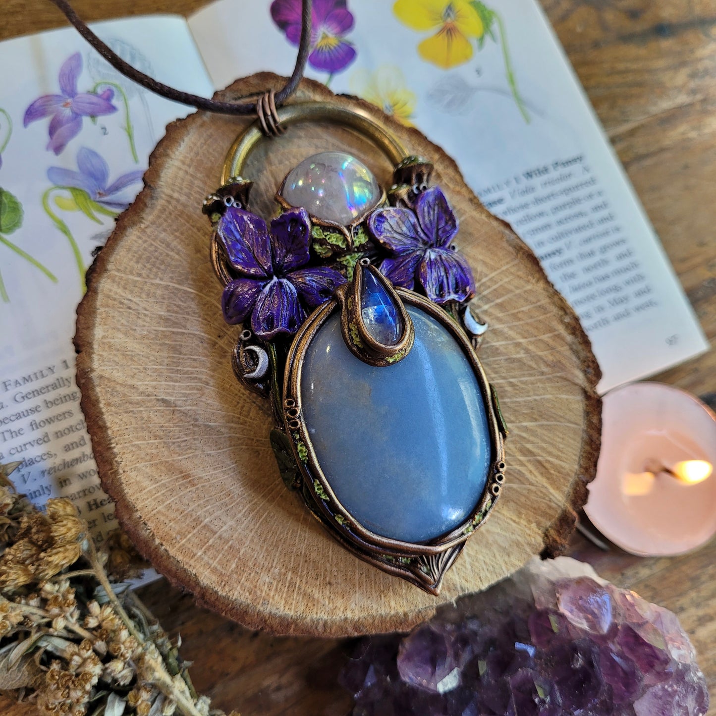 Wild Violets Talisman ~ Angelite, Aura Rose Quartz & Rainbow Moonstone