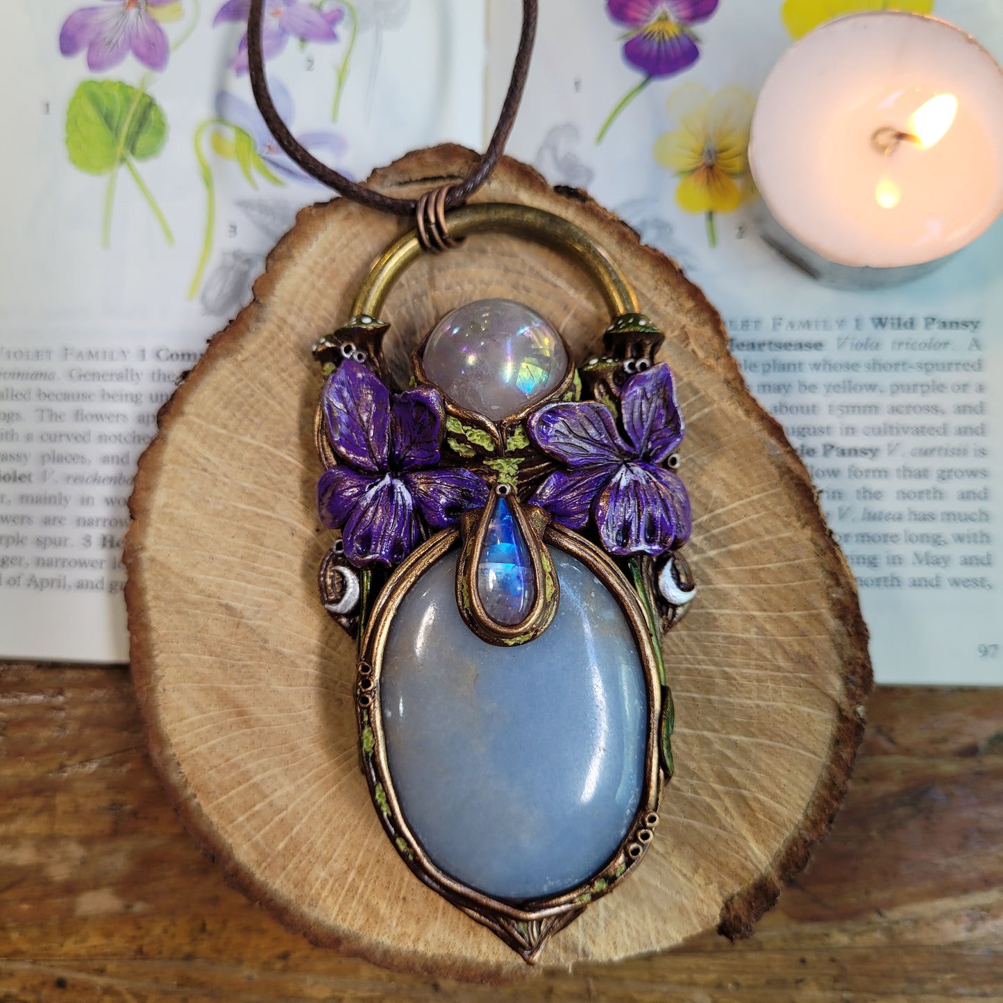 Wild Violets Talisman ~ Angelite, Aura Rose Quartz & Rainbow Moonstone