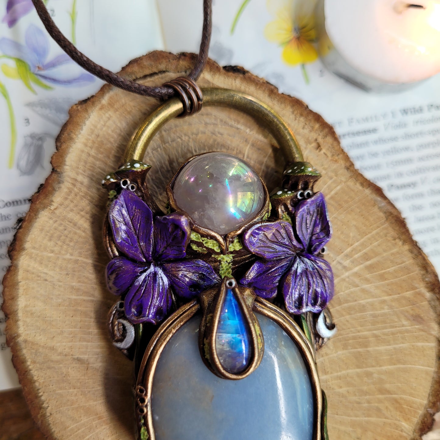 Wild Violets Talisman ~ Angelite, Aura Rose Quartz & Rainbow Moonstone
