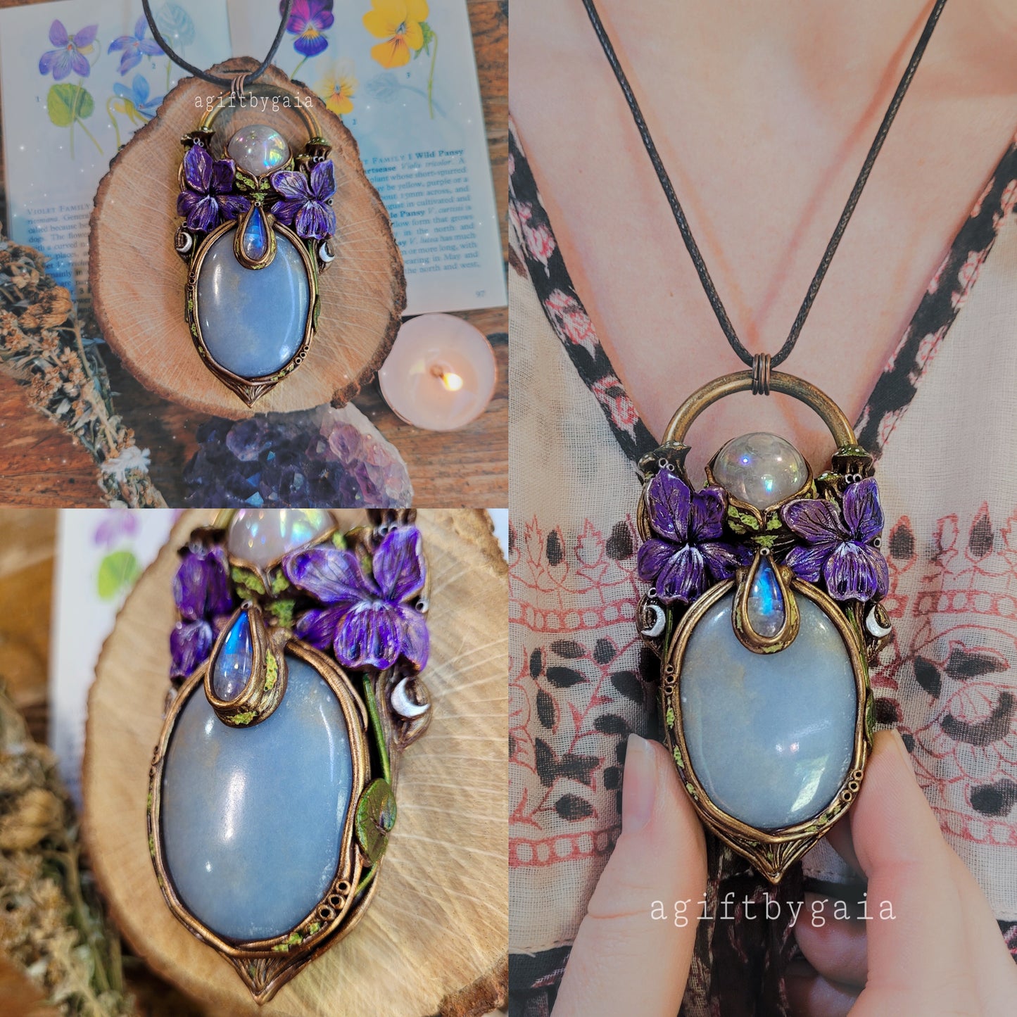 Wild Violets Talisman ~ Angelite, Aura Rose Quartz & Rainbow Moonstone