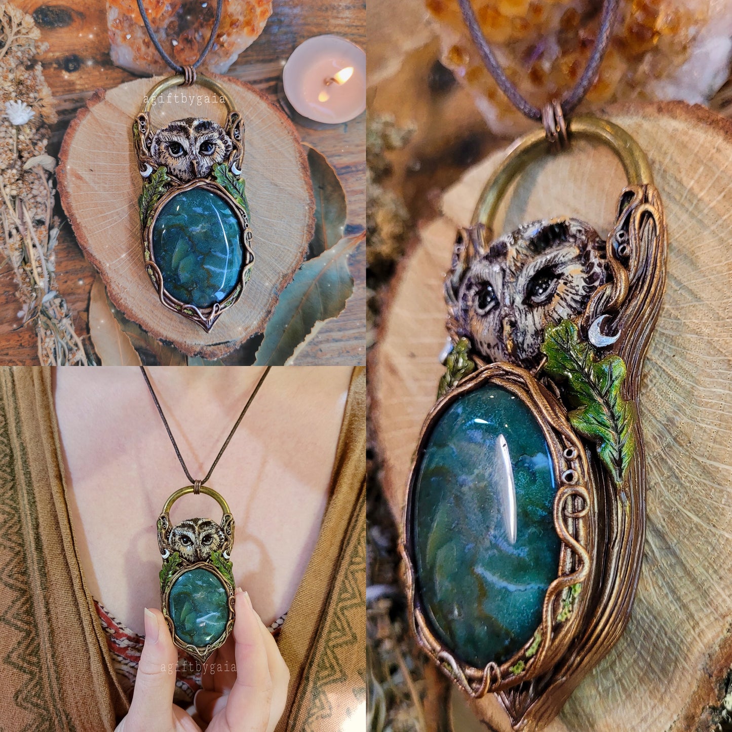 Tawny Owl Oak Lunar Talisman ~ Moss Agate