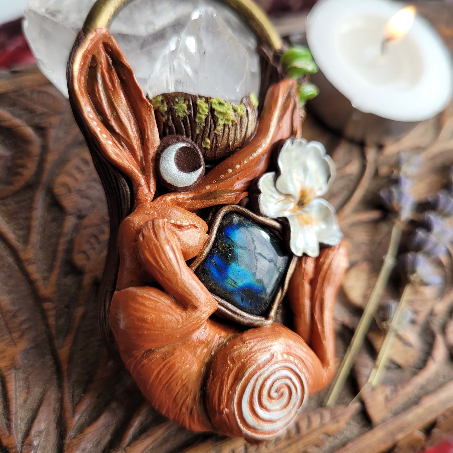 Sleeping Lunar Spiral Hare & Wild Primrose Talisman ~ Apophyllite & Amethyst