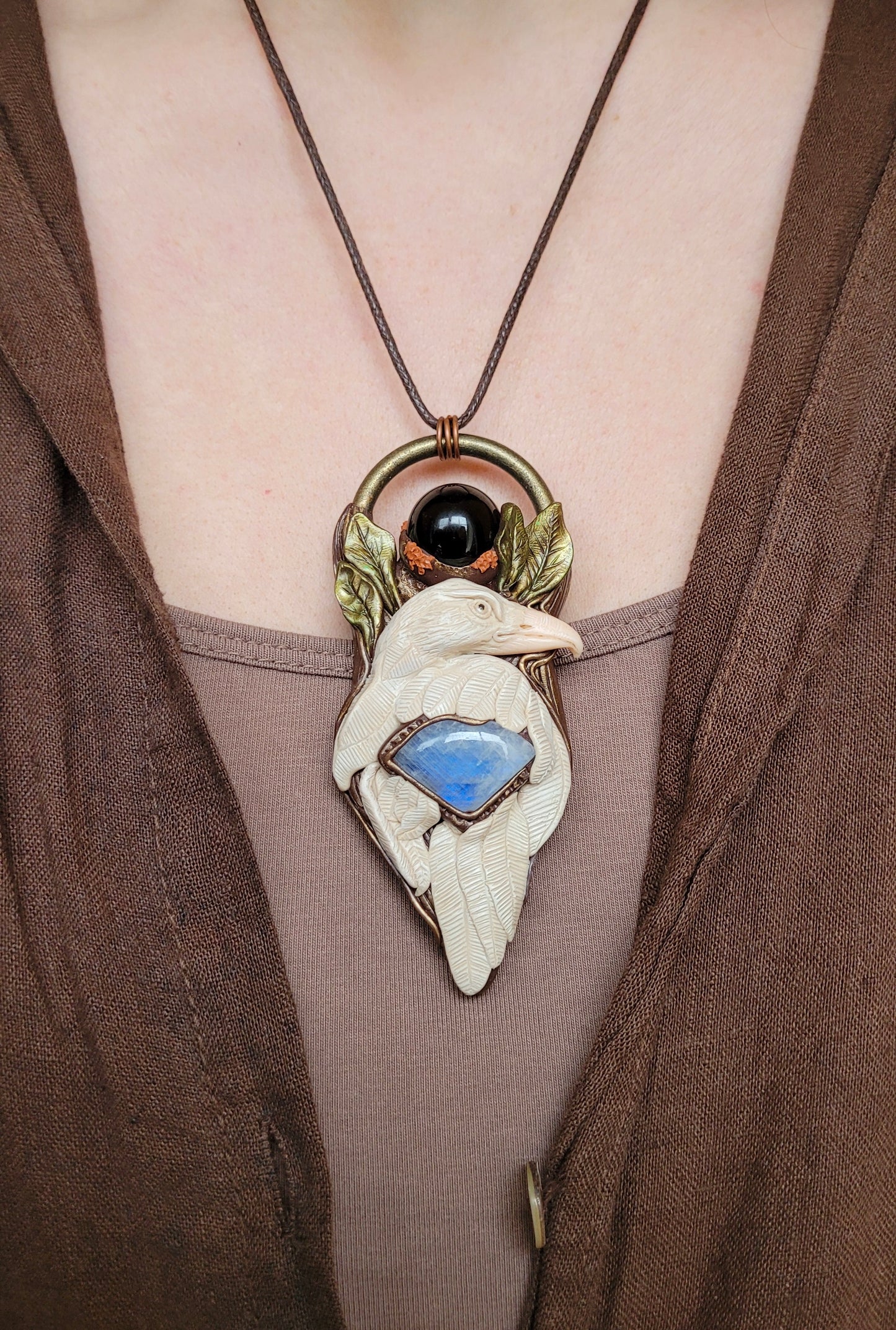 White Raven Talisman ~ Rainbow Moonstone & Smokey Quartz