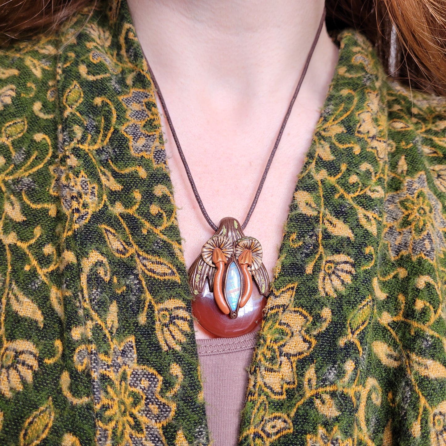 Mushroom & Moss Prayer Pebble Talisman ~ Rainbow Moonstone & Carnelian