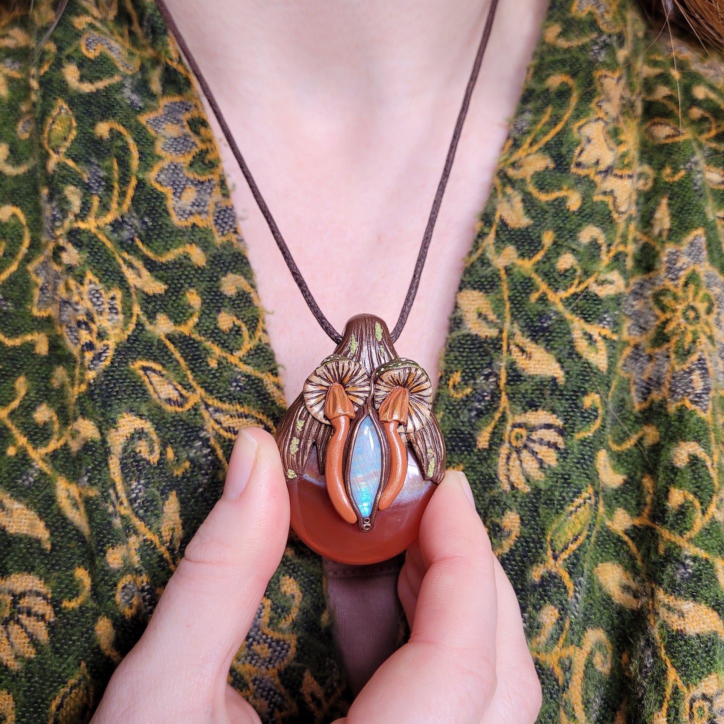 Mushroom & Moss Prayer Pebble Talisman ~ Rainbow Moonstone & Carnelian