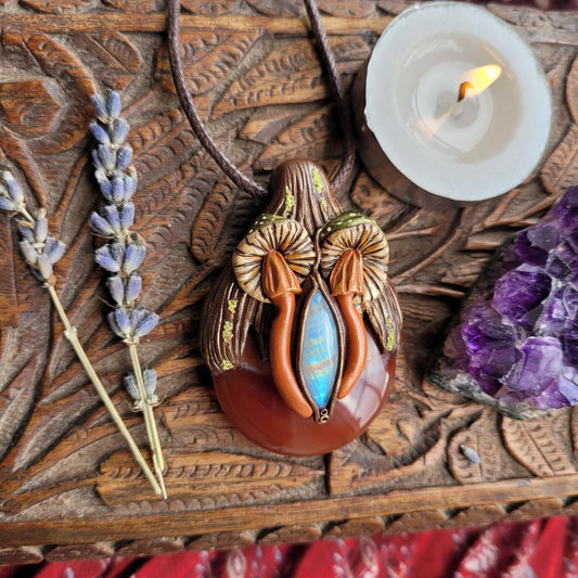 Mushroom & Moss Prayer Pebble Talisman ~ Rainbow Moonstone & Carnelian