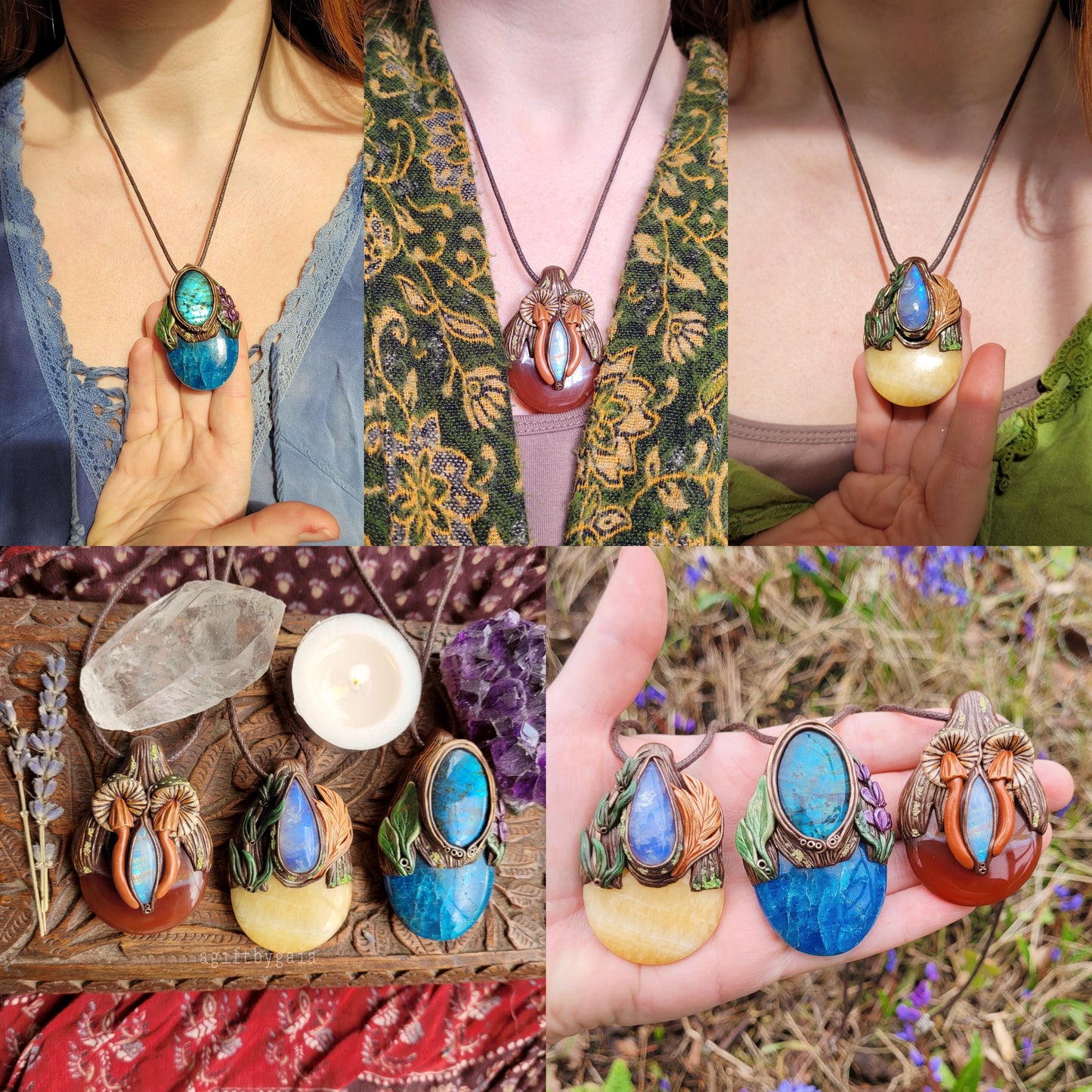 Mushroom & Moss Prayer Pebble Talisman ~ Rainbow Moonstone & Carnelian