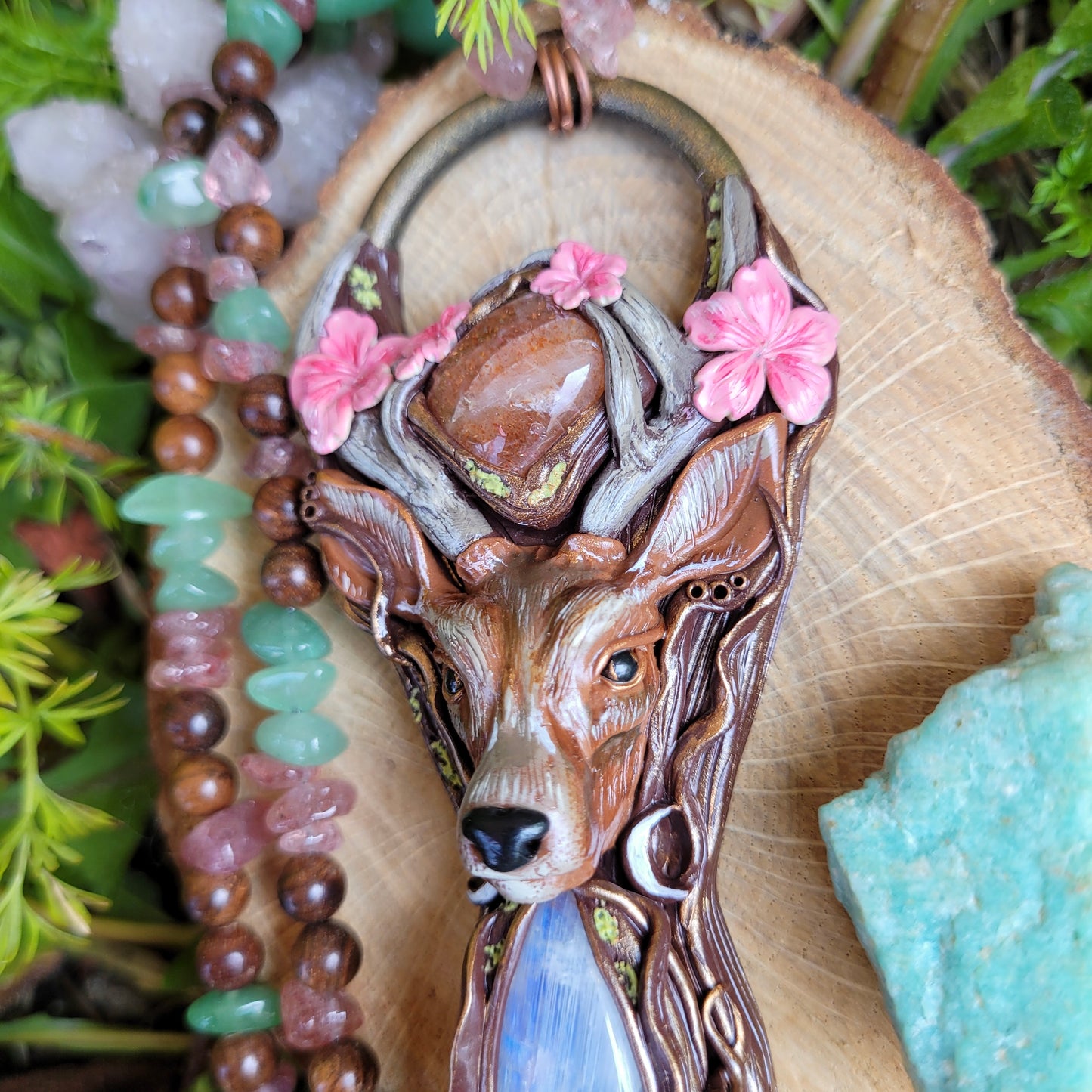 Sacred Deer in the Cherry Blossom Animal Talisman ~ Sunstone, Moonstone, Green Aventurine, Strawberry Quartz & Sandalwood