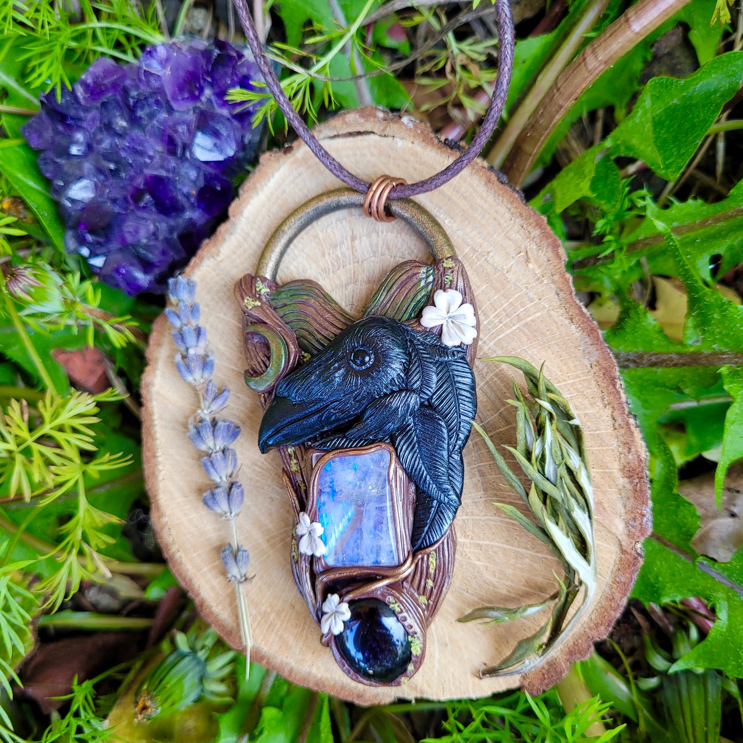 Raven Flies over the Hills & Blackthorn Talisman ~ Rainbow Moonstone & Amethyst