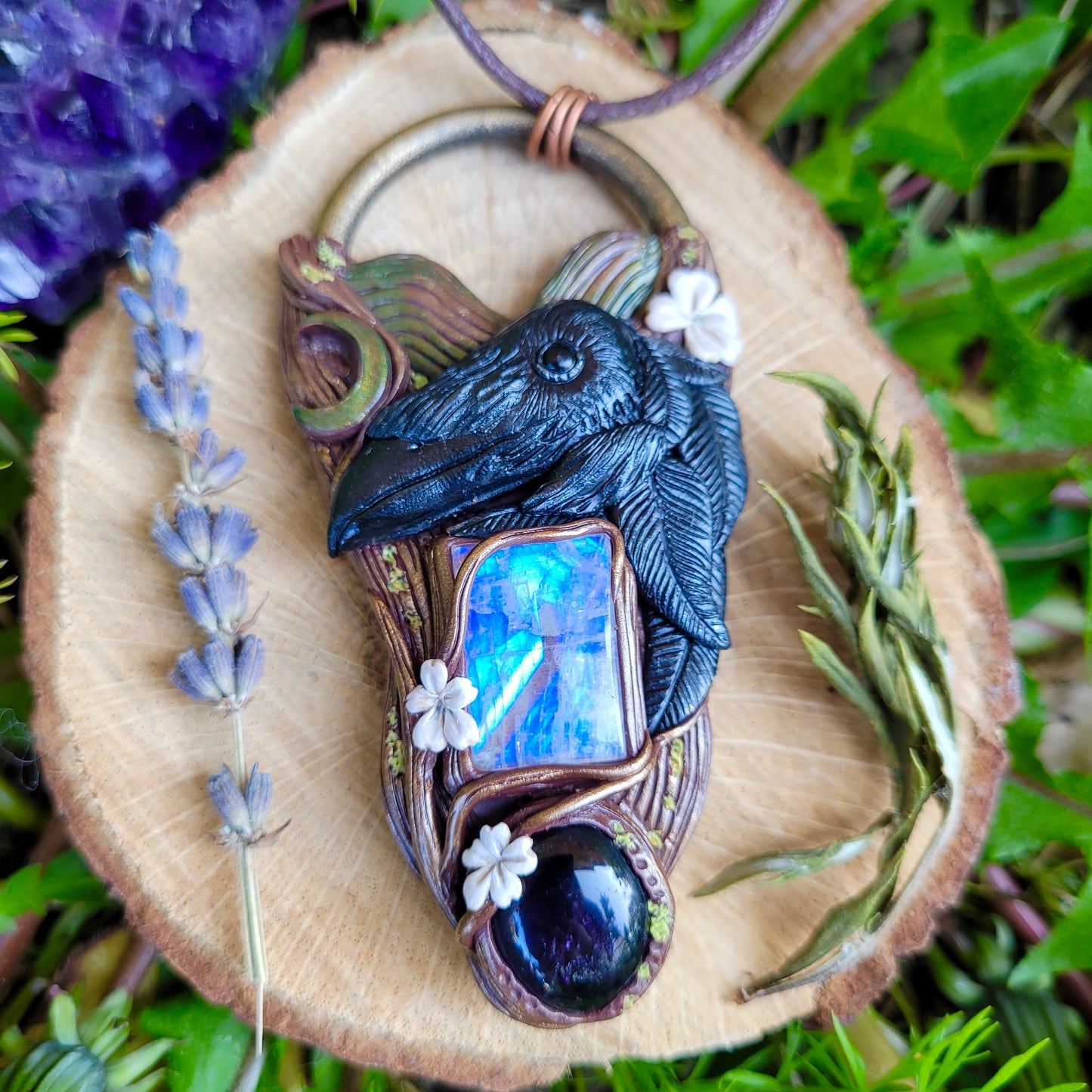 Raven Flies over the Hills & Blackthorn Talisman ~ Rainbow Moonstone & Amethyst