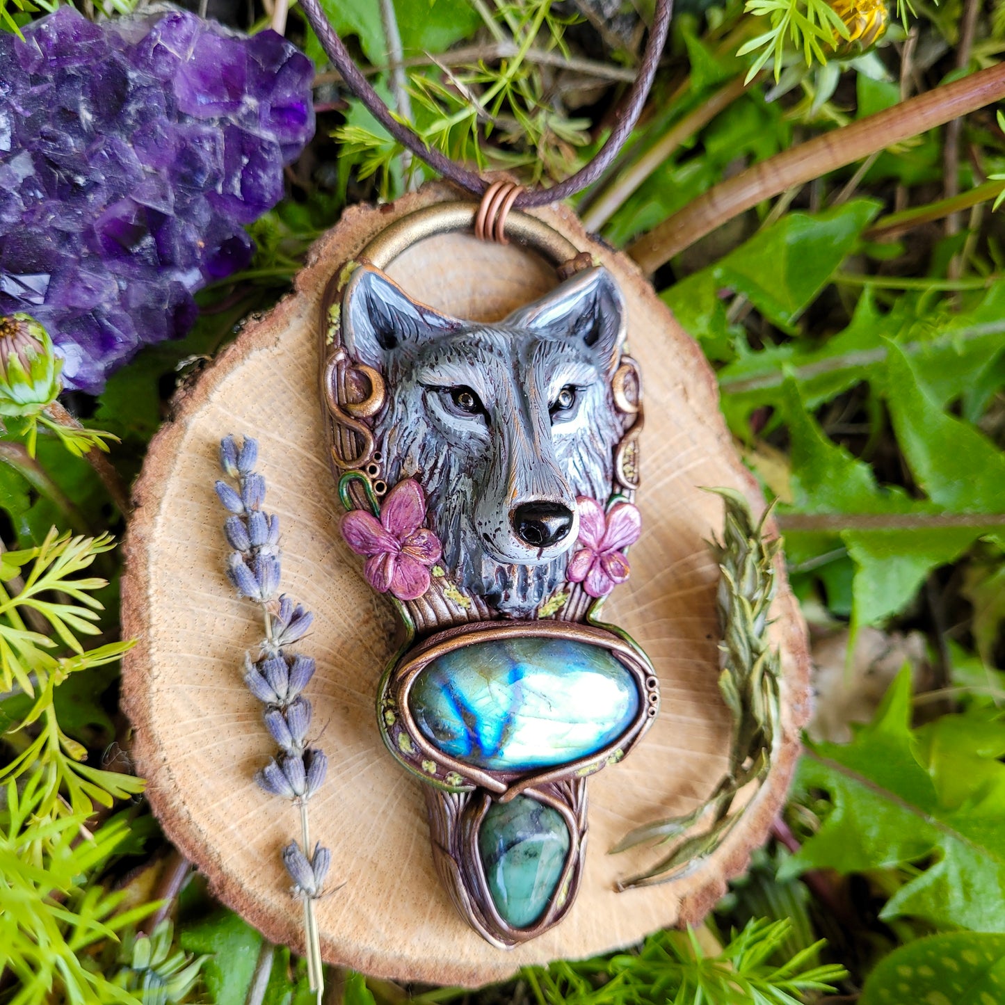Brave Wolf & Dog Violet Talisman ~ Emerald & Labradorite