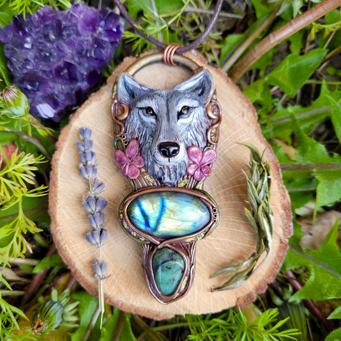 Brave Wolf & Dog Violet Talisman ~ Emerald & Labradorite