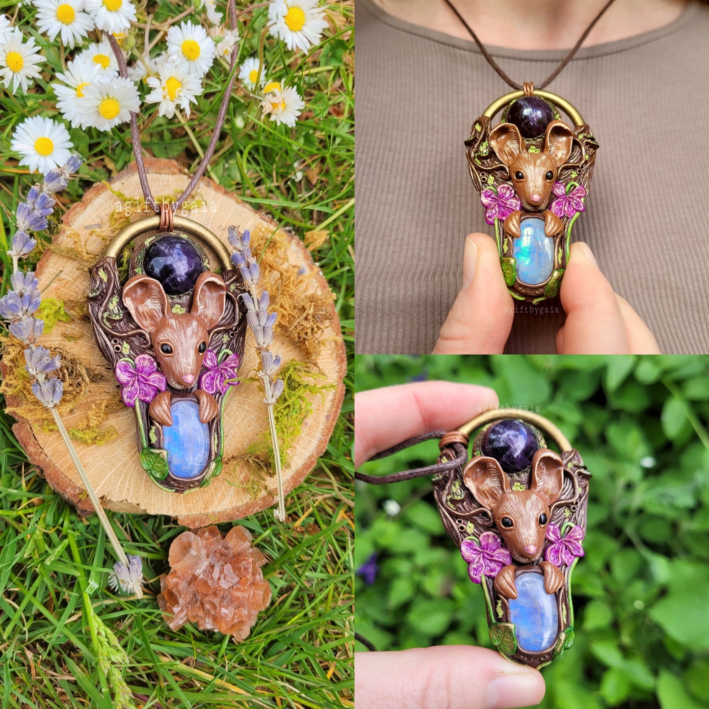 Wood Mouse in the Violets Talisman ~ Amethyst & Moonstone