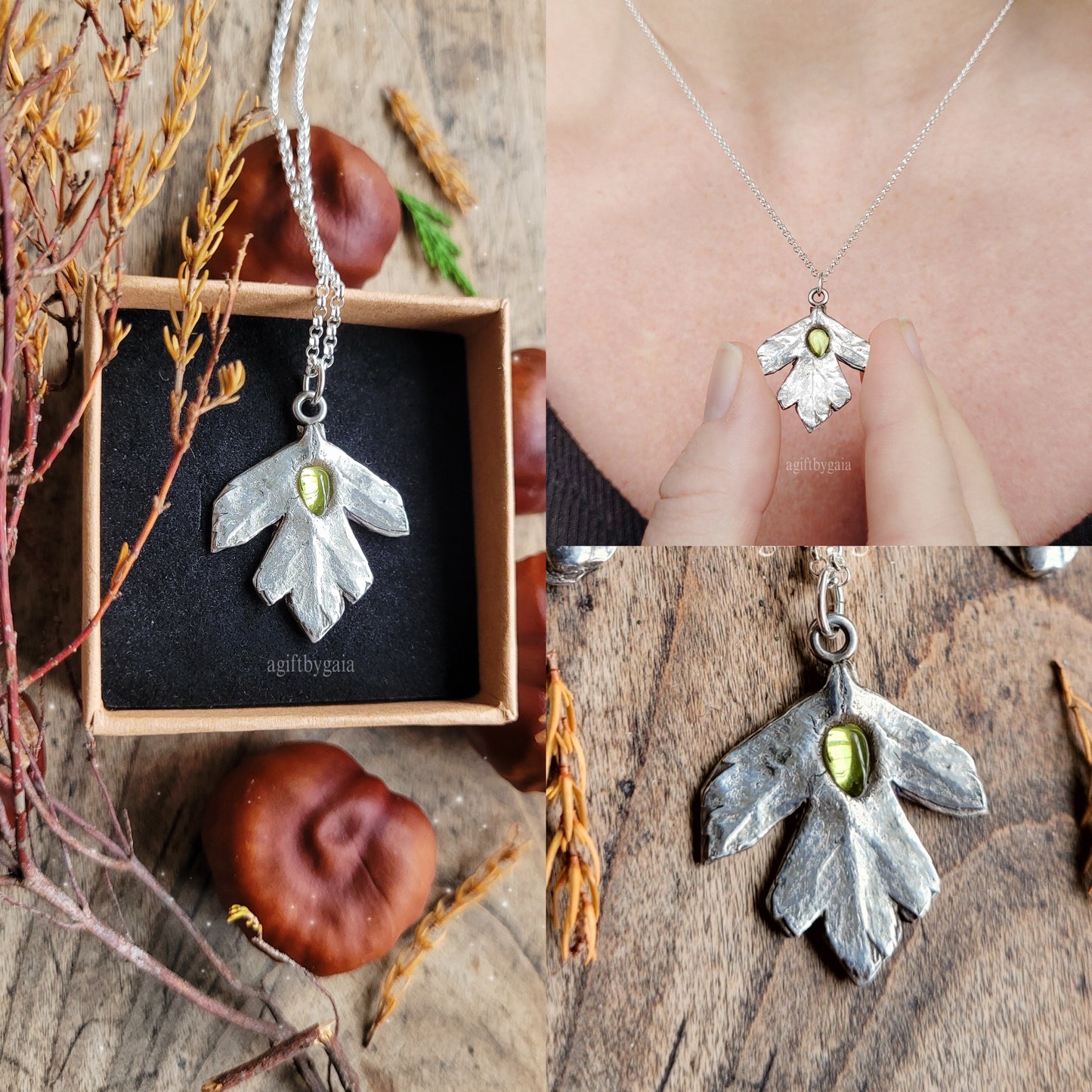 Made to Order ~ Hawthorn Leaf Peridot Talisman, Fine 999 Recycled Silver