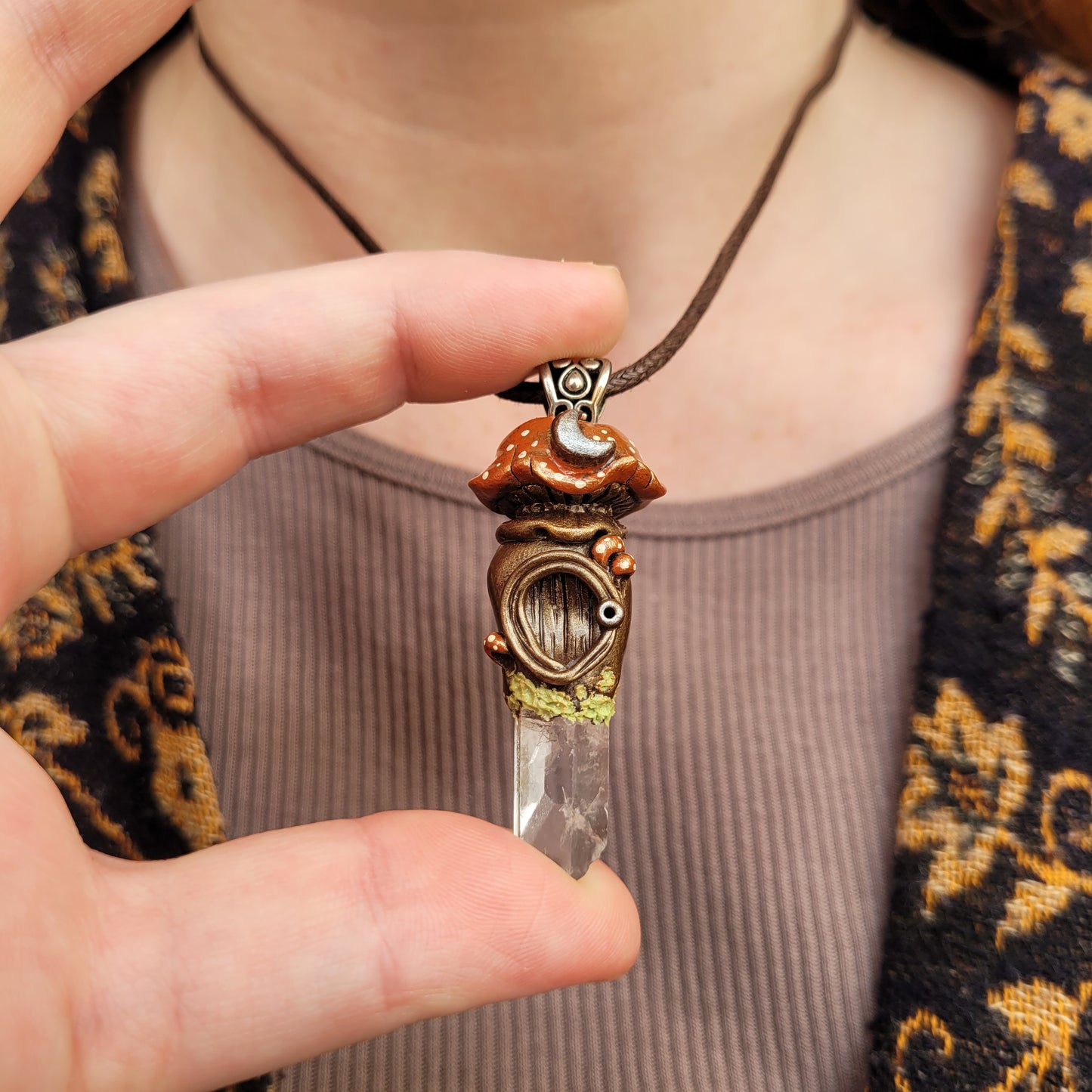 Crystal Moon Mushroom Faery House Pendant ~ Quartz