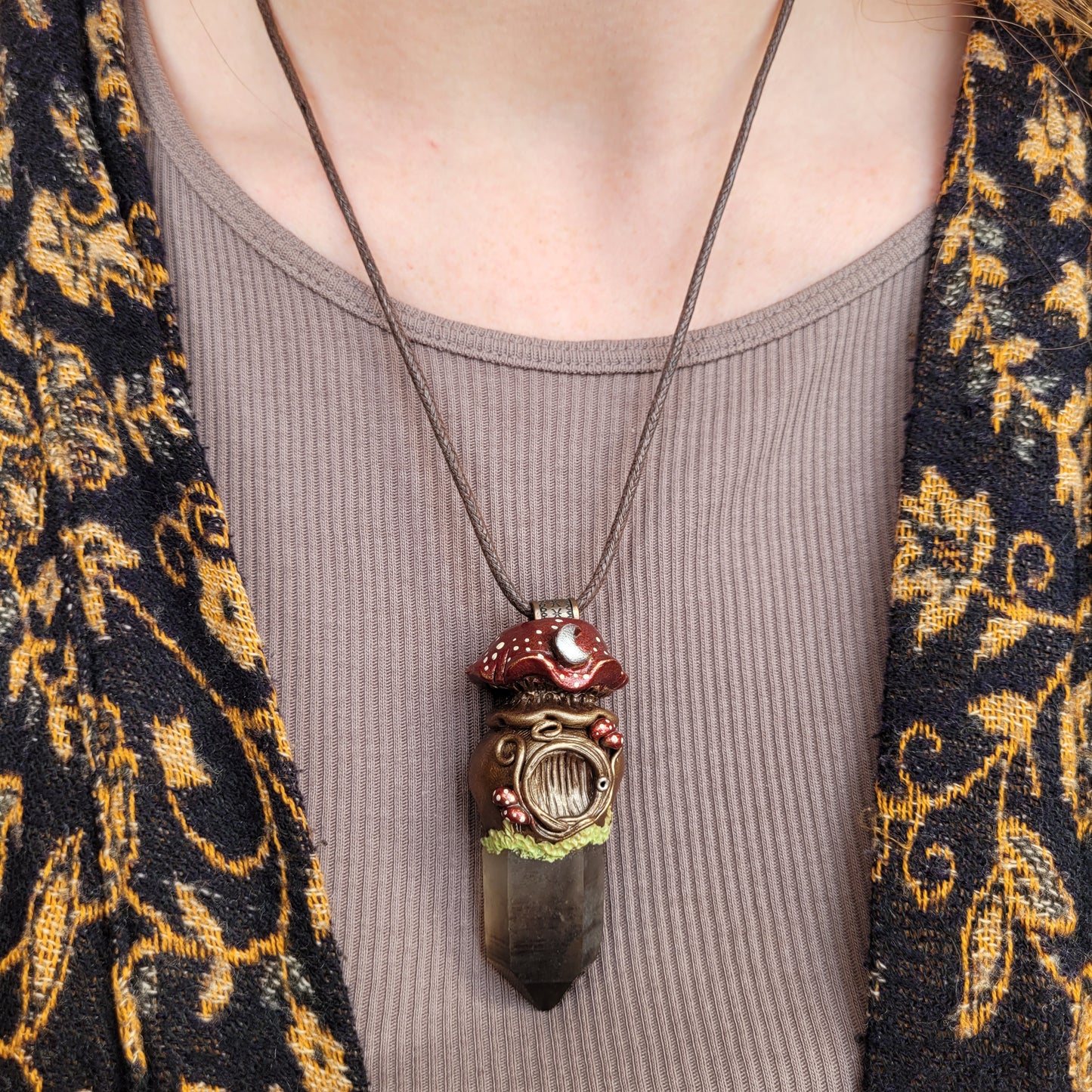 Large Crystal Moon Mushroom Faery House Pendant ~ Smokey Quartz