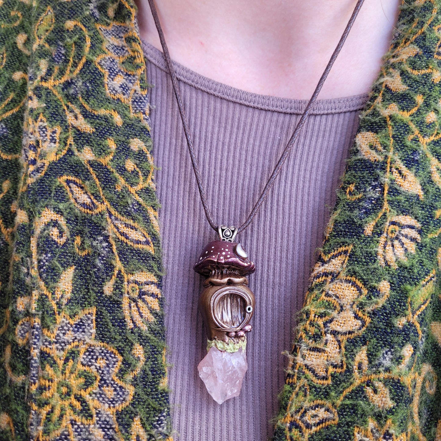 Large Crystal Moon Mushroom Faery House Pendant ~ Rose Quartz