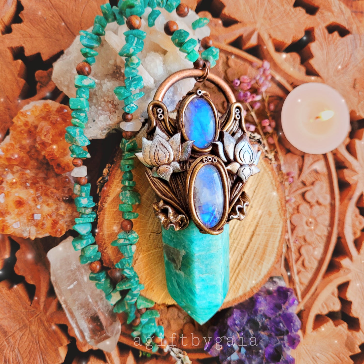 Rising Lotus Beaded Talisman ~ Amazonite, Rainbow Moonstone & Sandalwood