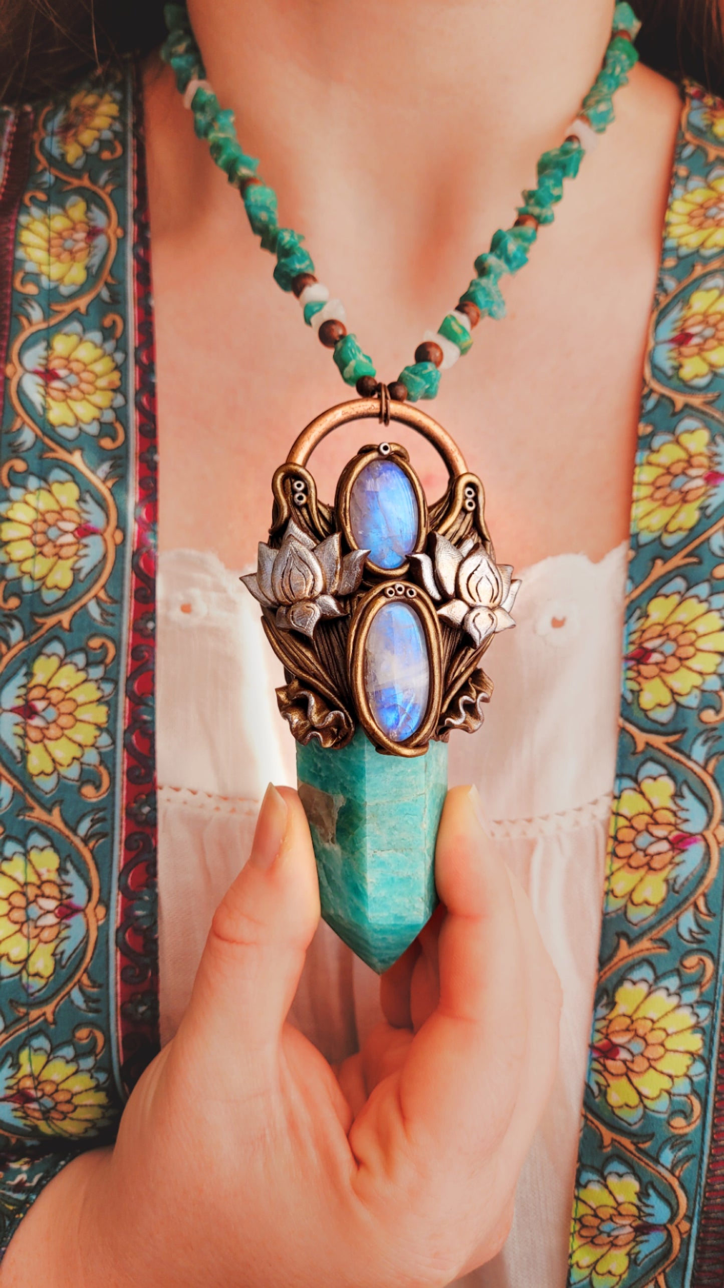 Rising Lotus Beaded Talisman ~ Amazonite, Rainbow Moonstone & Sandalwood
