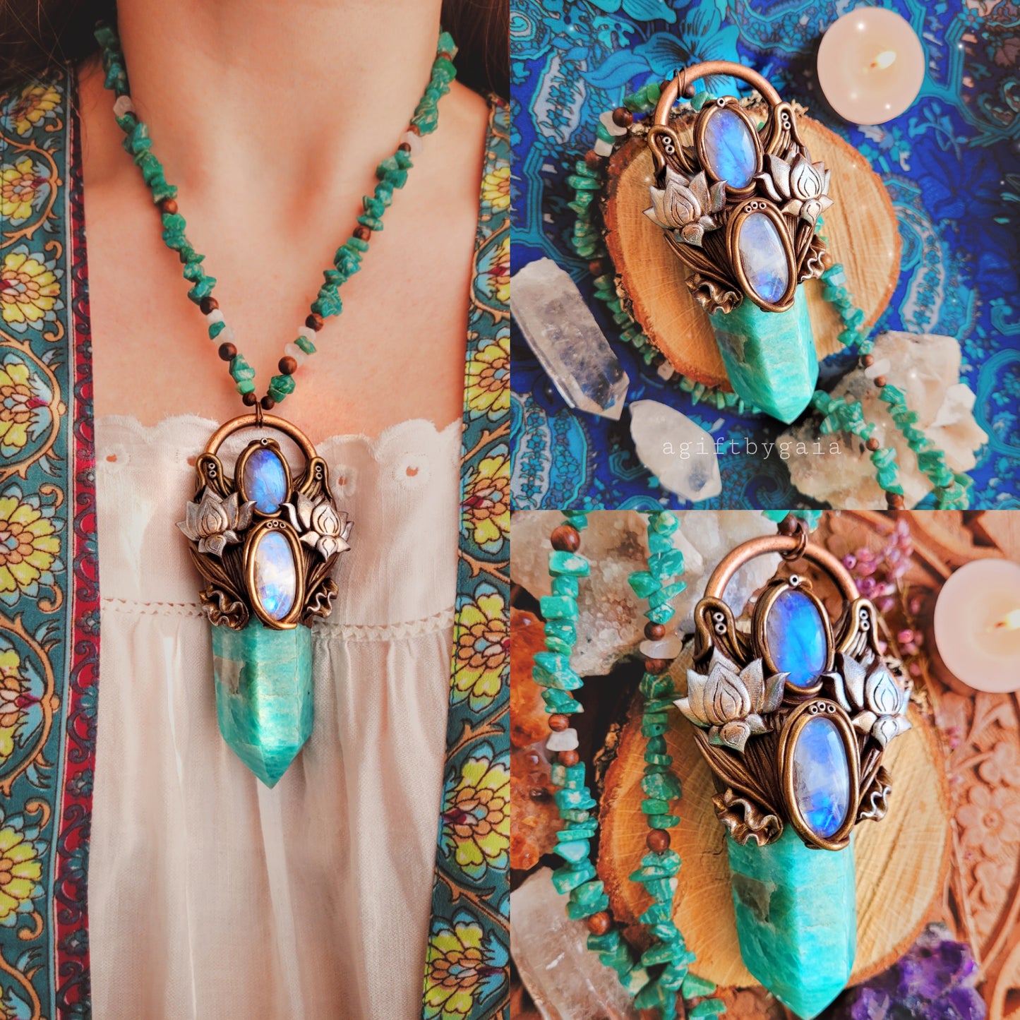Rising Lotus Beaded Talisman ~ Amazonite, Rainbow Moonstone & Sandalwood