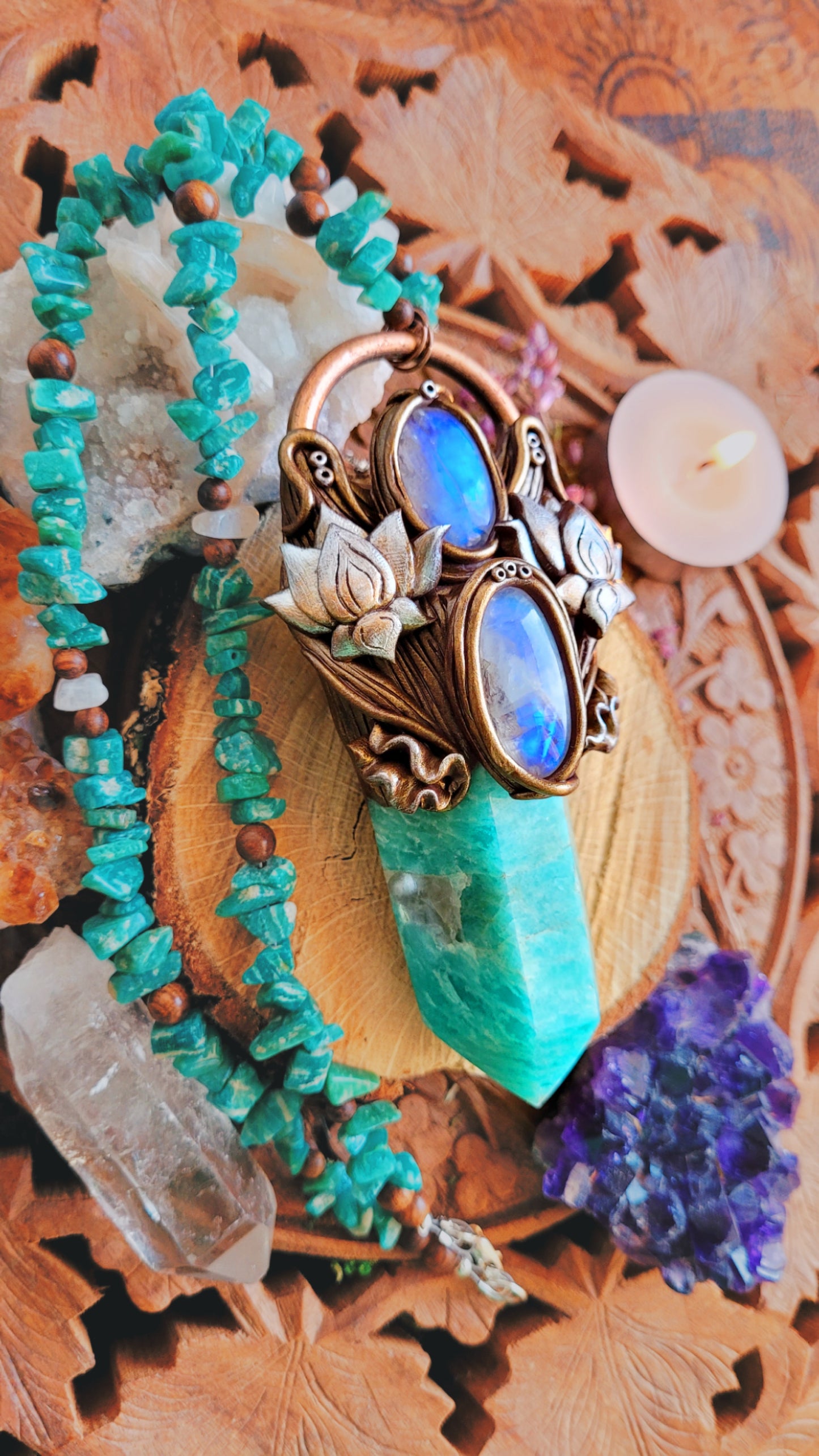 Rising Lotus Beaded Talisman ~ Amazonite, Rainbow Moonstone & Sandalwood