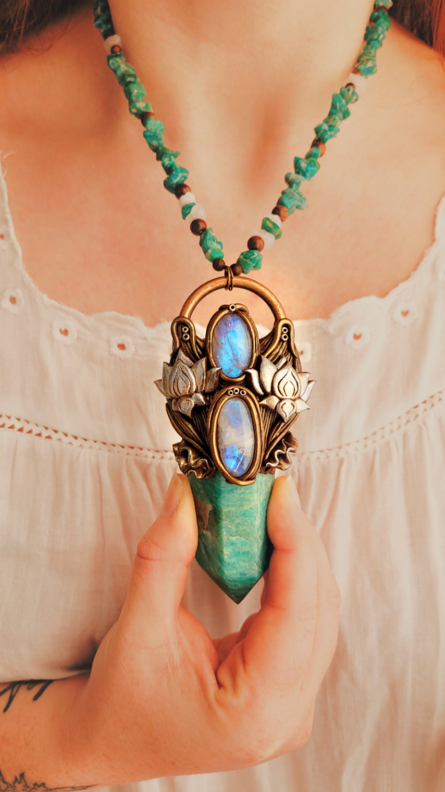 Rising Lotus Beaded Talisman ~ Amazonite, Rainbow Moonstone & Sandalwood