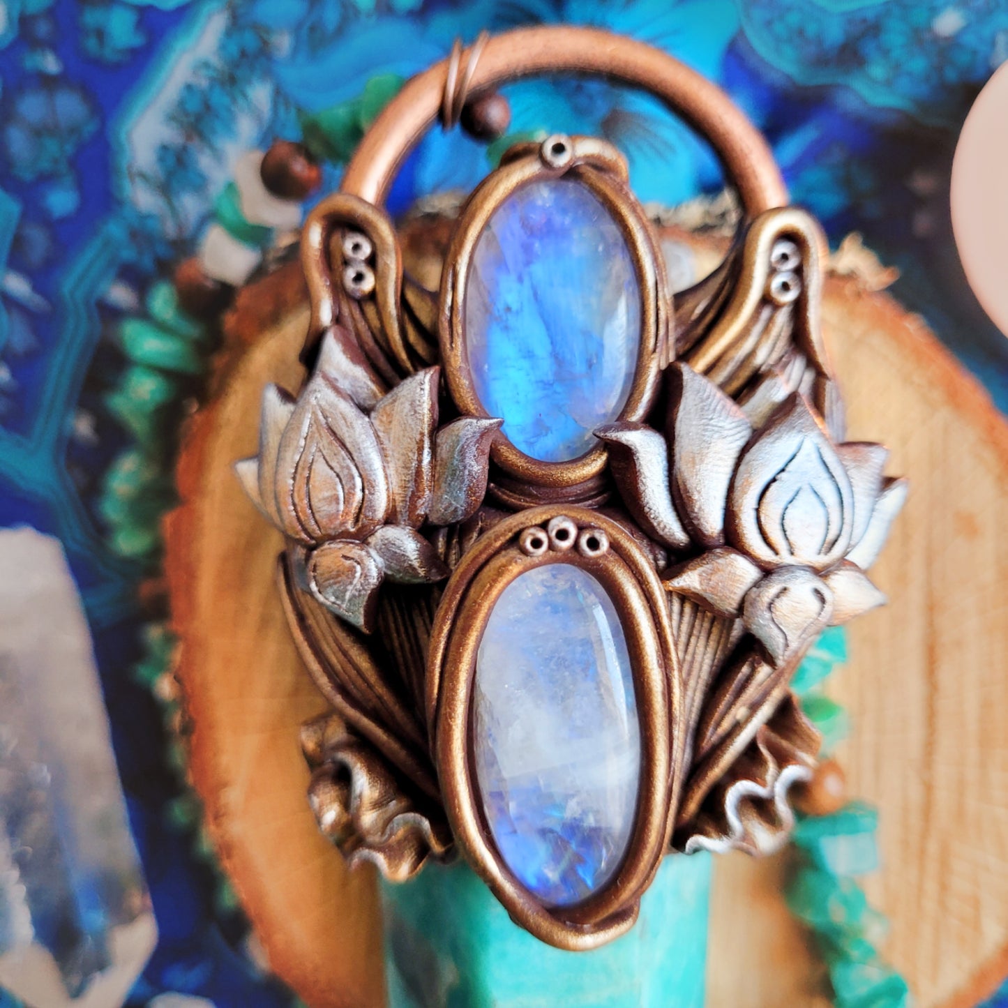Rising Lotus Beaded Talisman ~ Amazonite, Rainbow Moonstone & Sandalwood