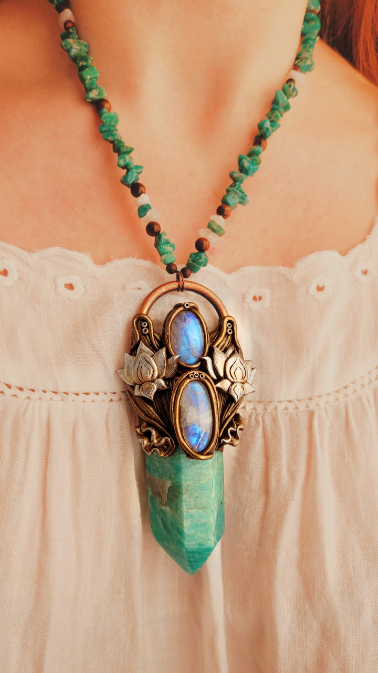 Rising Lotus Beaded Talisman ~ Amazonite, Rainbow Moonstone & Sandalwood