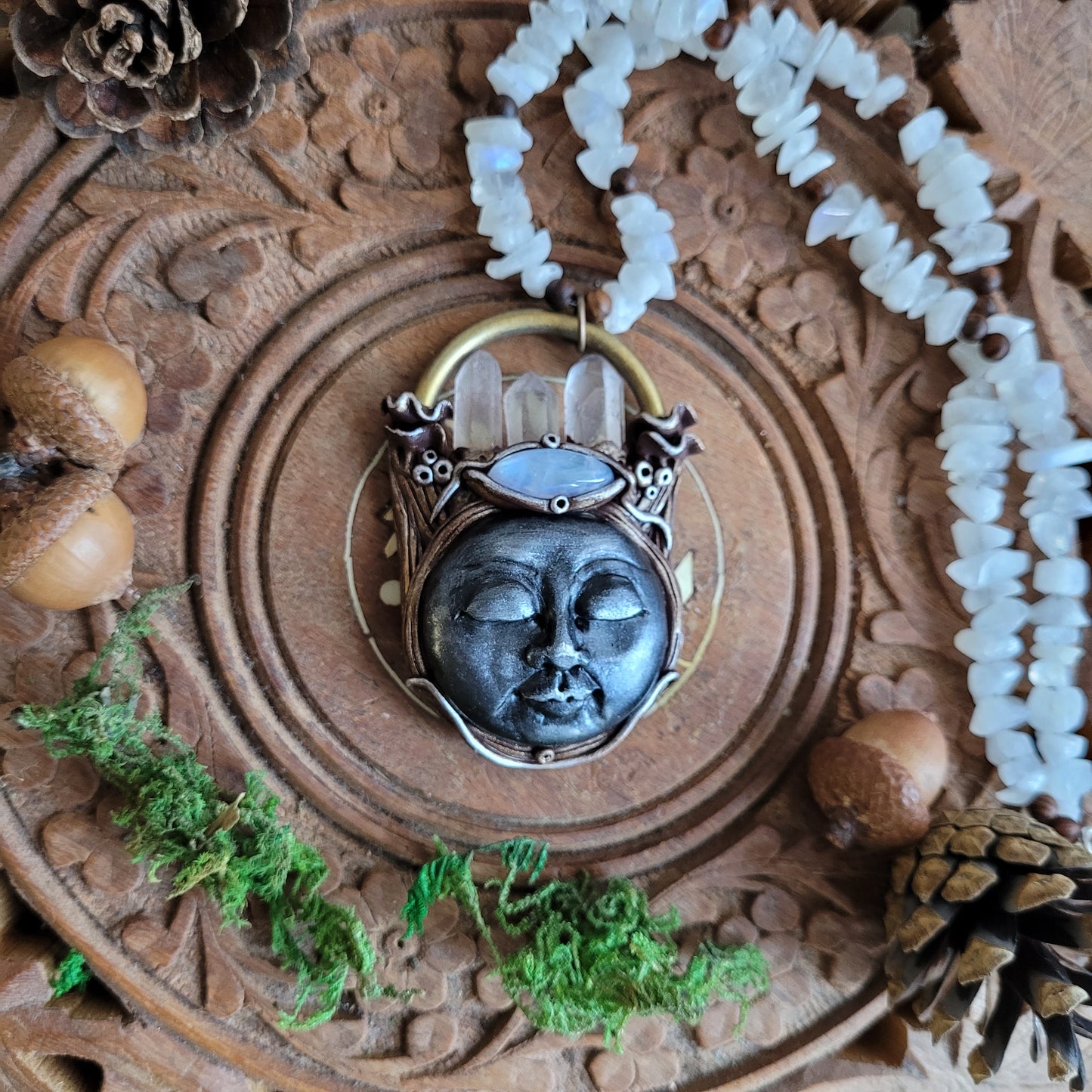 New Moon Manifestor ~ Moonstone & Sandalwood Crystal beaded Talisman