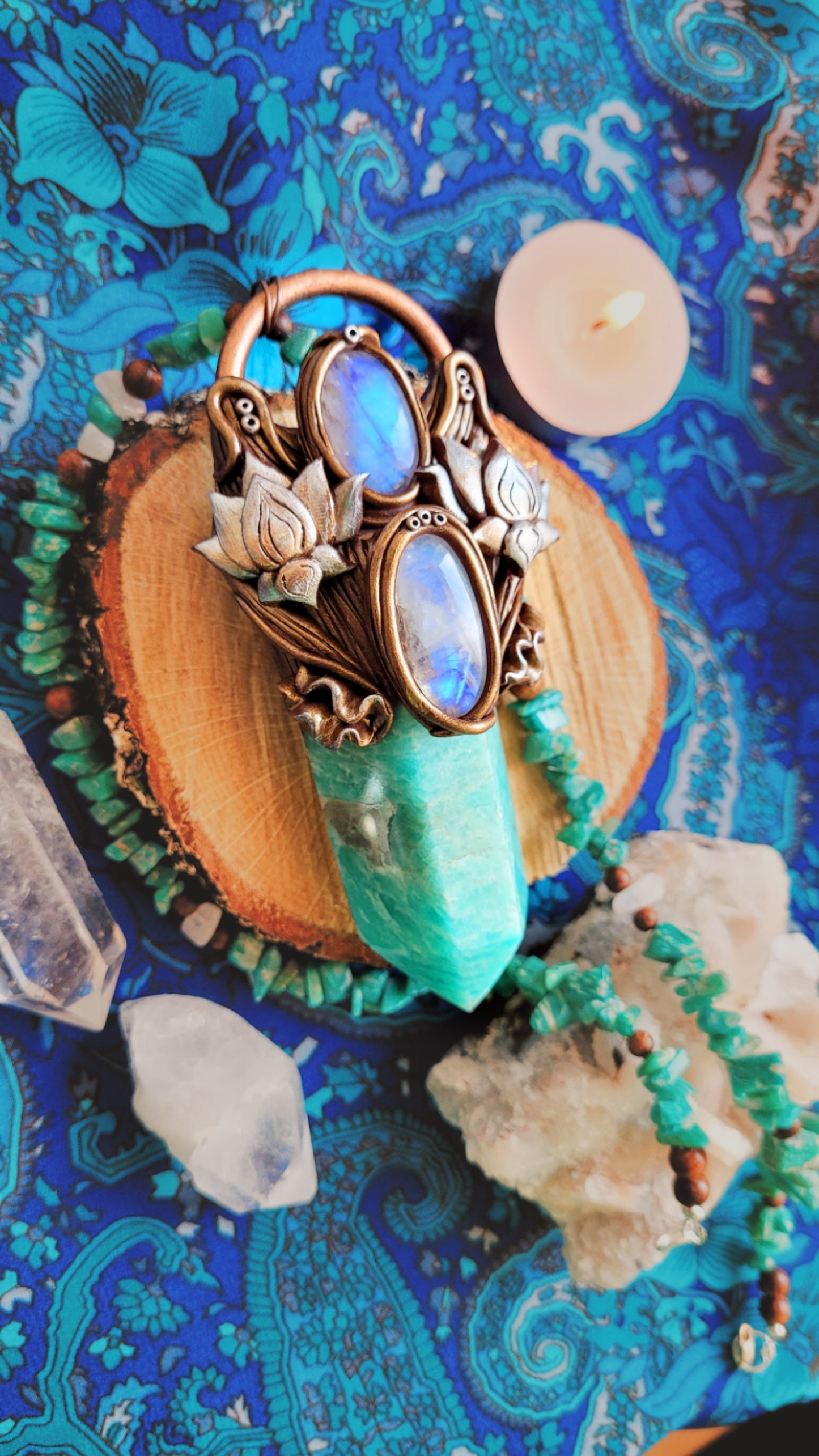 Rising Lotus Beaded Talisman ~ Amazonite, Rainbow Moonstone & Sandalwood