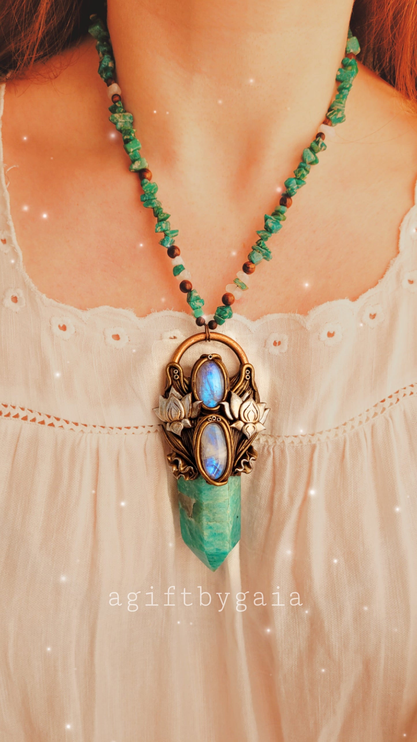 Rising Lotus Beaded Talisman ~ Amazonite, Rainbow Moonstone & Sandalwood