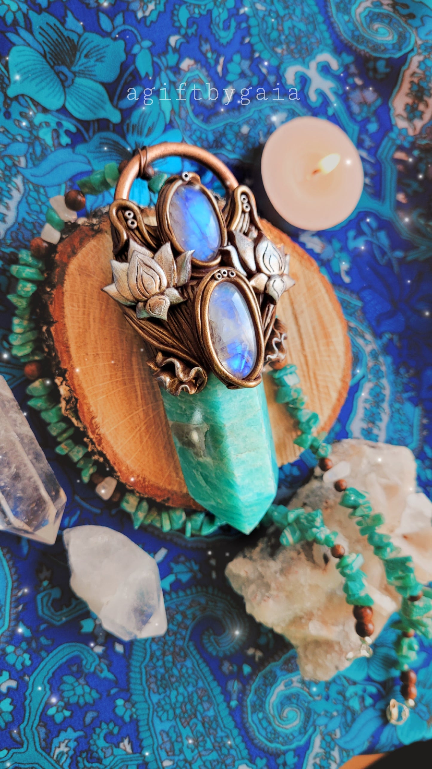 Rising Lotus Beaded Talisman ~ Amazonite, Rainbow Moonstone & Sandalwood