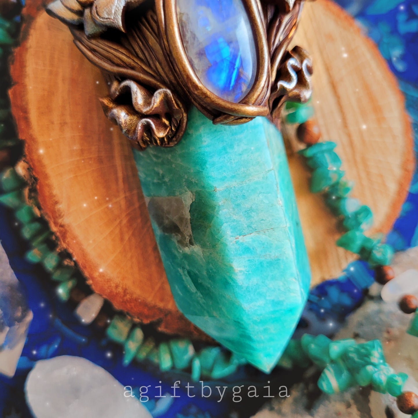 Rising Lotus Beaded Talisman ~ Amazonite, Rainbow Moonstone & Sandalwood