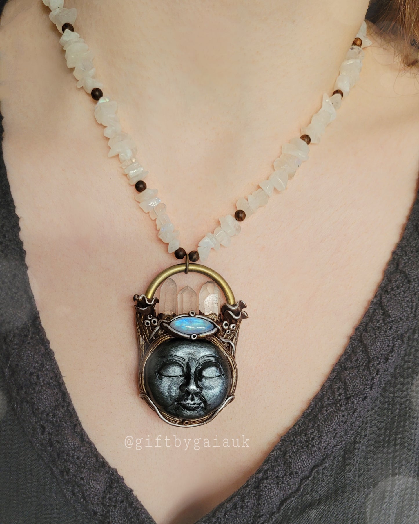 New Moon Manifestor ~ Moonstone & Sandalwood Crystal beaded Talisman