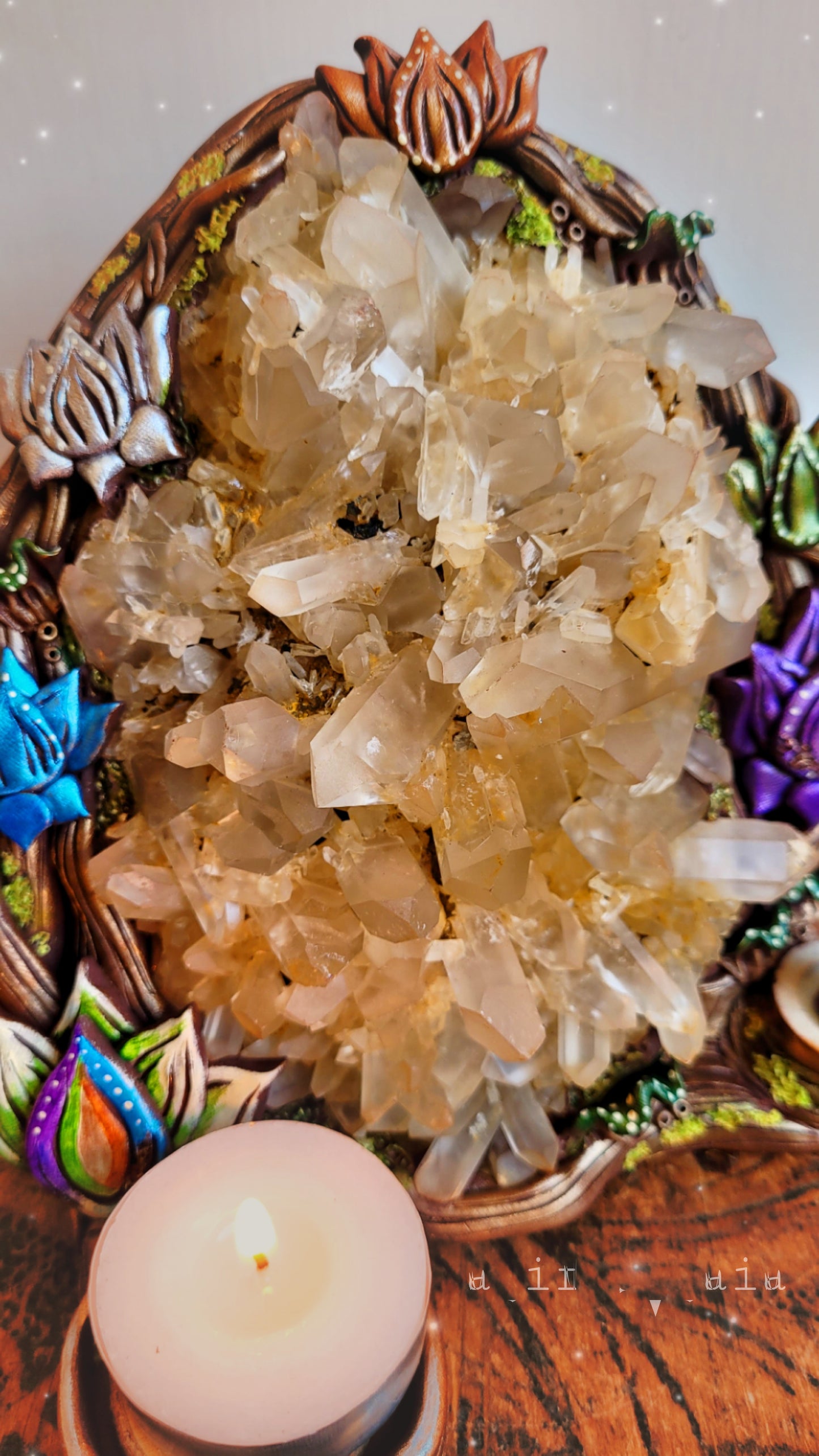 Lotus Garden Tealight Incense holder ~ Quartz Cluster