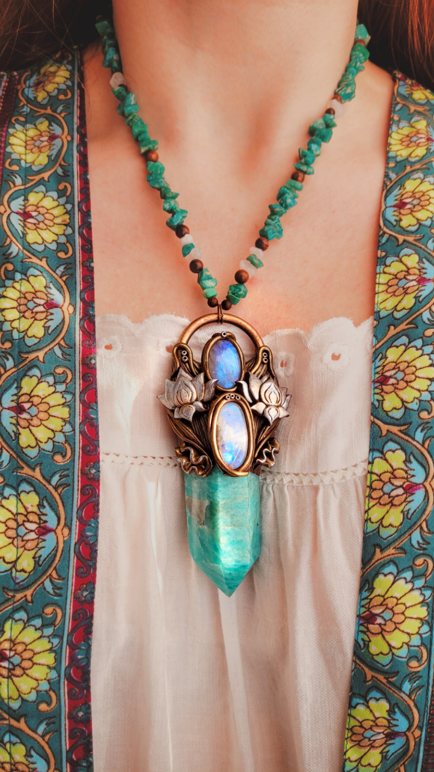 Rising Lotus Beaded Talisman ~ Amazonite, Rainbow Moonstone & Sandalwood