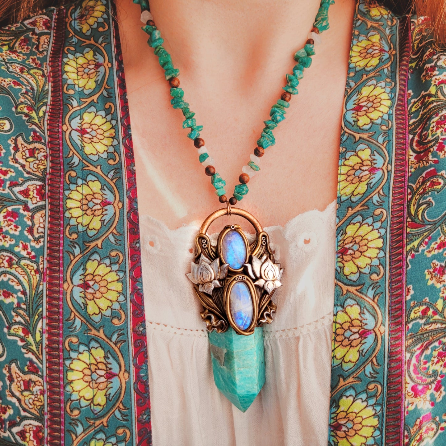Rising Lotus Beaded Talisman ~ Amazonite, Rainbow Moonstone & Sandalwood