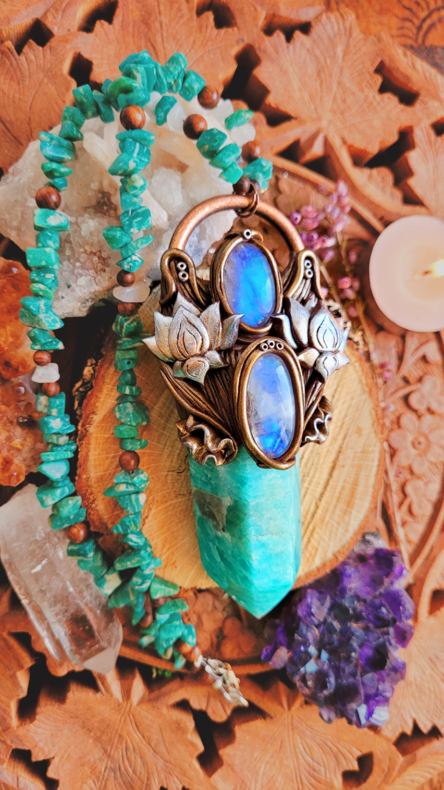 Rising Lotus Beaded Talisman ~ Amazonite, Rainbow Moonstone & Sandalwood