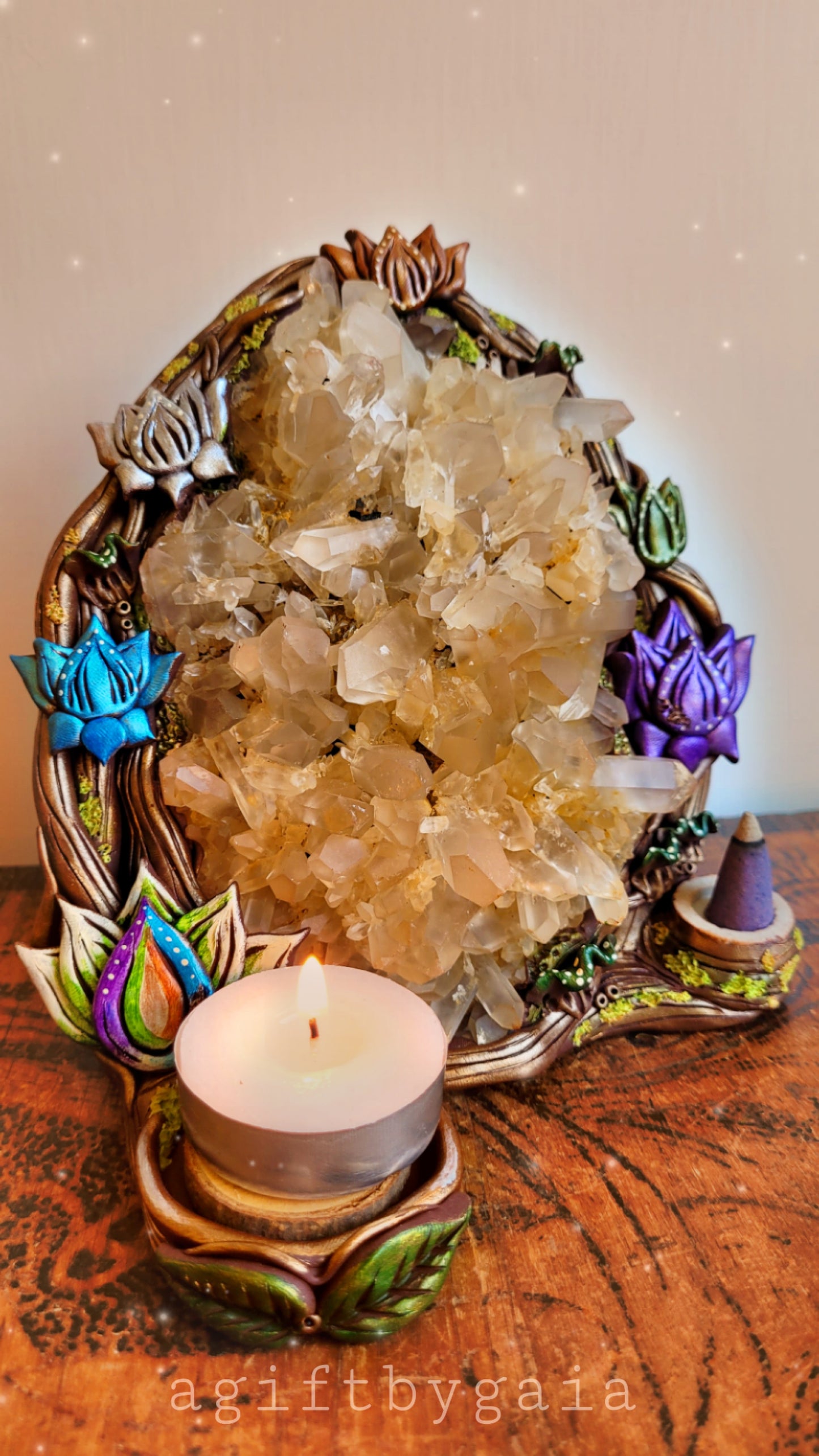 Lotus Garden Tealight Incense holder ~ Quartz Cluster