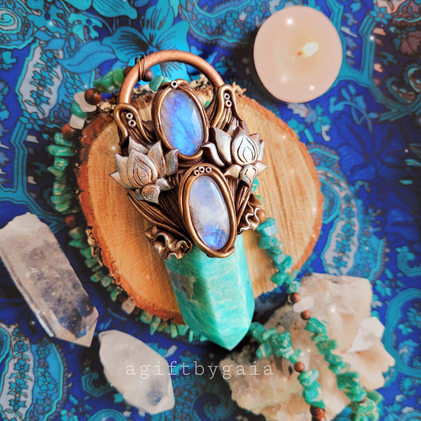 Rising Lotus Beaded Talisman ~ Amazonite, Rainbow Moonstone & Sandalwood