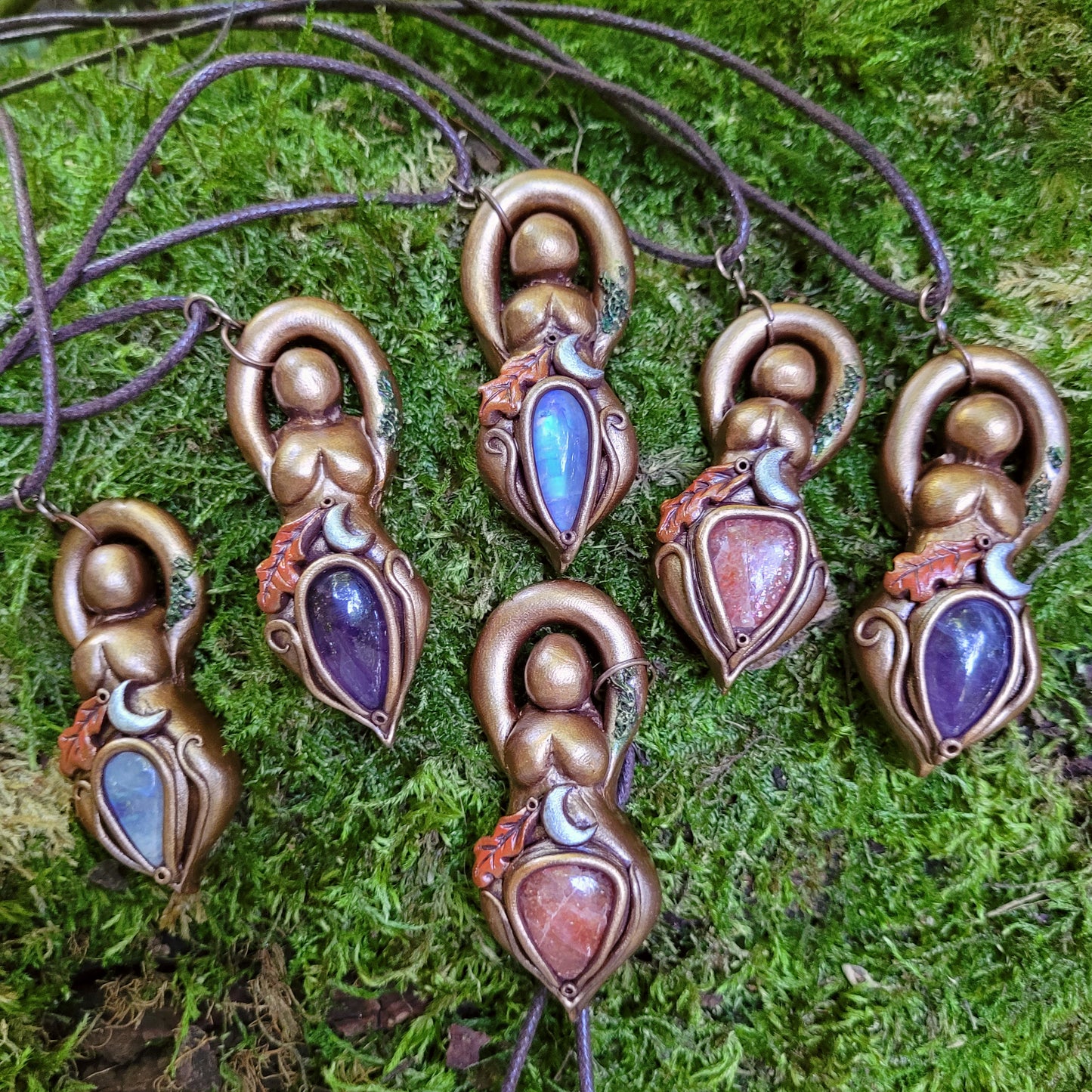 Oak Leaf & Moon Goddess Talismans ~ Moonstone, Sunstone or Amethyst