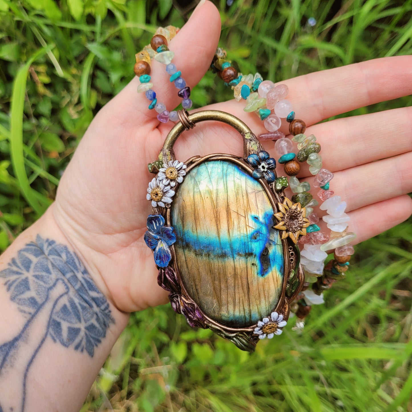 Ode to the Wildflowers Crystal Beaded Talisman ~ Golden Labradorite, Citrine, Turquoise, Blue Aventurine, Amethyst, Rose Quartz, Strawberry Quartz, Prehnite, Unakite, Sandalwood