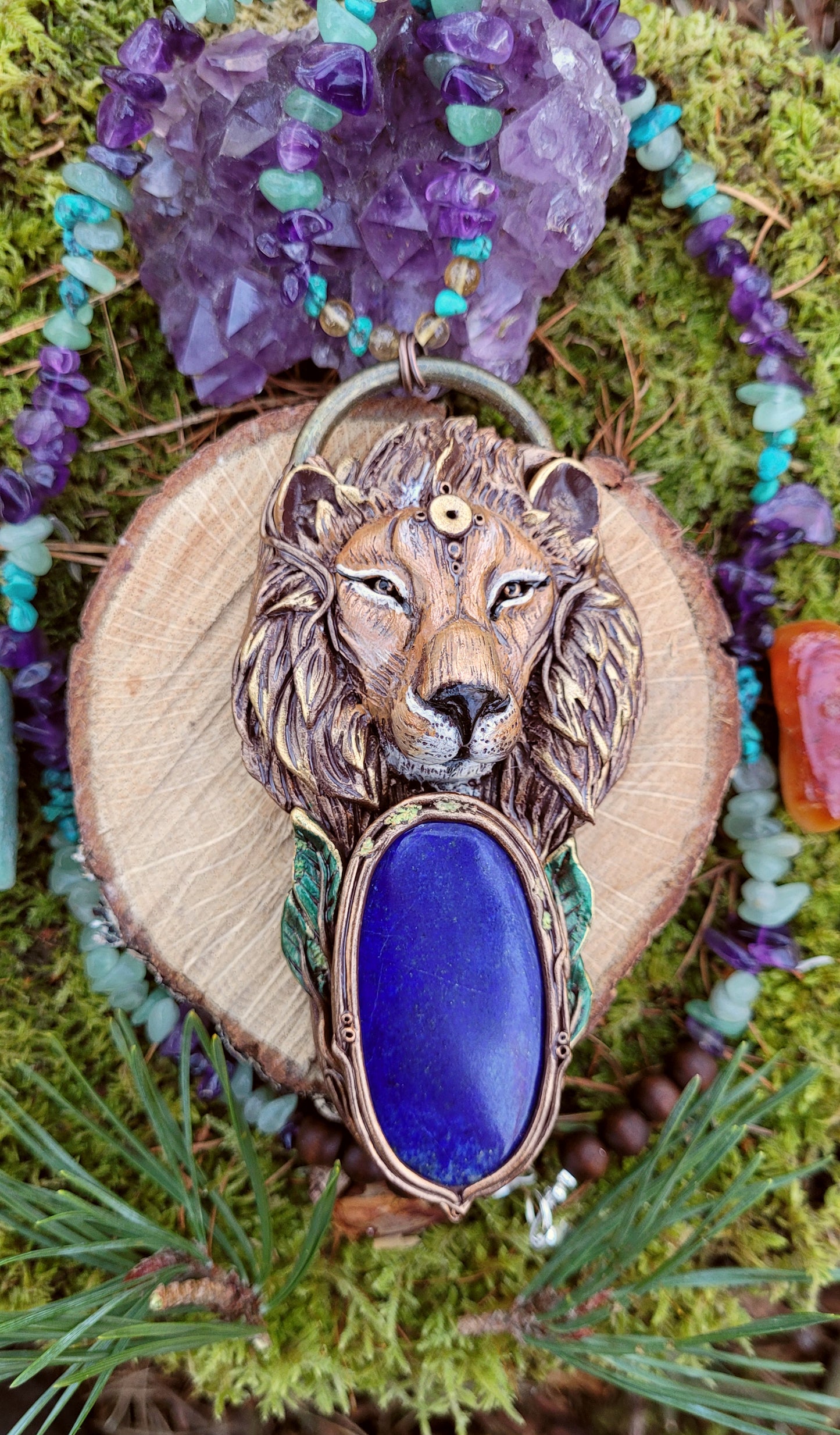 Brave Lion Sage Crystal Beaded Talisman ~ Lapis Lazuli, Turquoise, Citrine, Amethyst & Green Aventurine