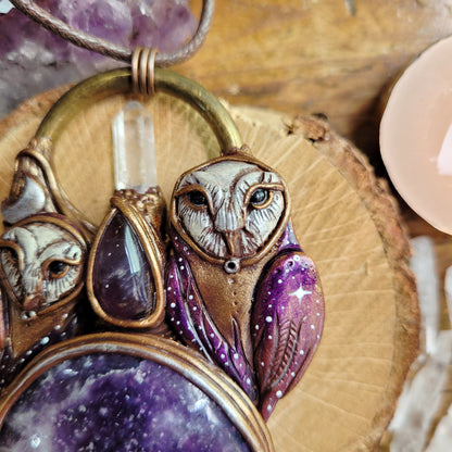 Cosmic Owl Spirit Guides Talisman ~ Lepidolite, Amethyst & Quartz