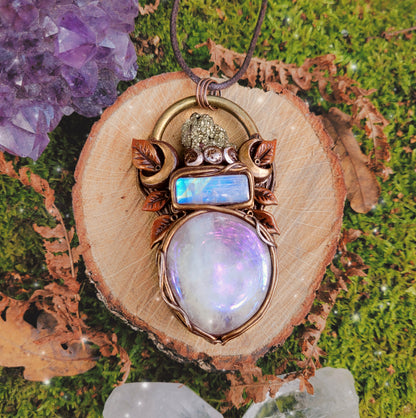 Triple Moon Rusted Leaf Talisman ~ Pyrite, Rainbow Moonstone & Aura Rose Quartz