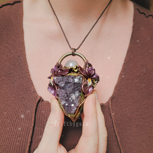 Wild Iris Talisman ~ Druzy Amethyst & Aura Rose Quartz