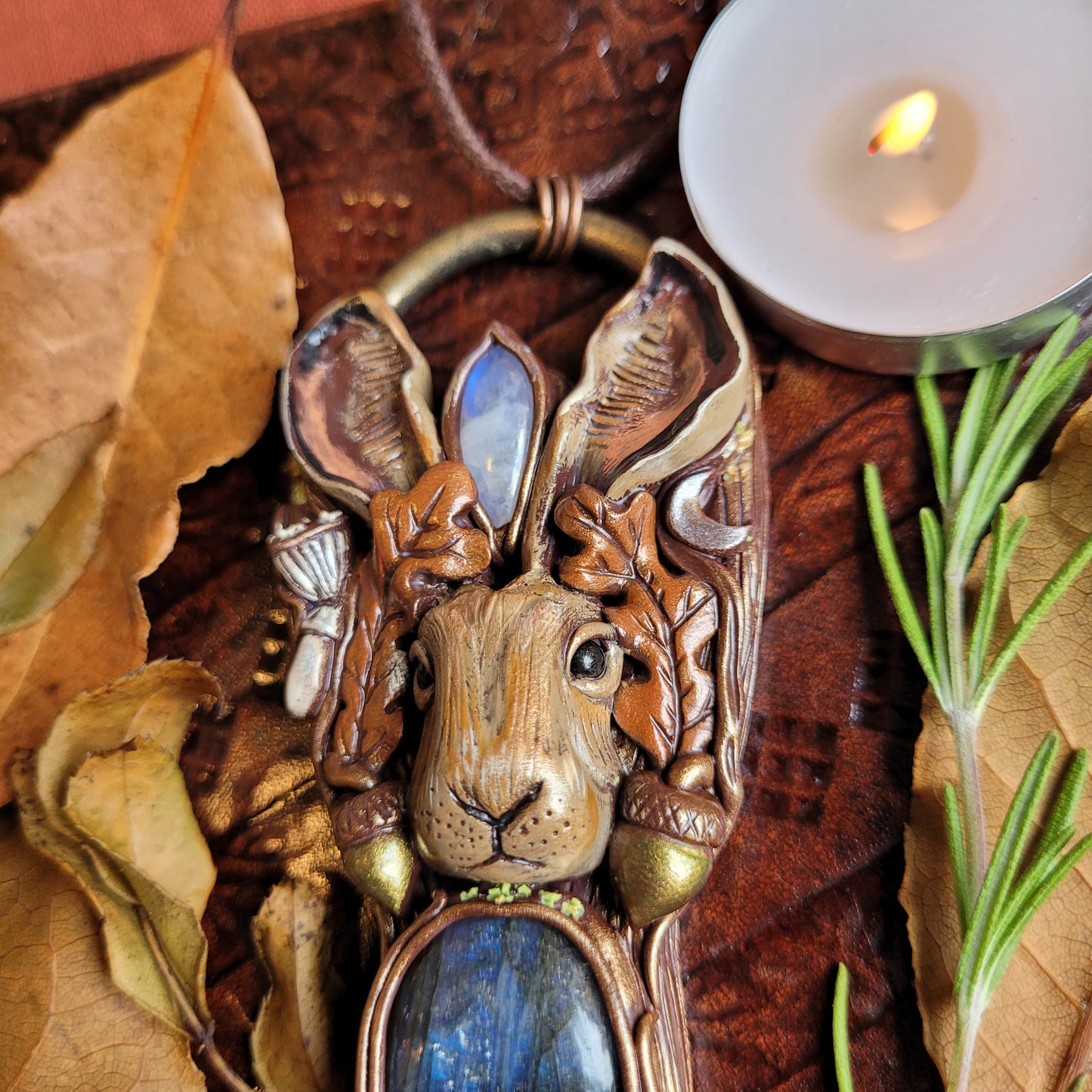 Wild Autumn Hare Talisman ~ Labradorite & Rainbow Moonstone