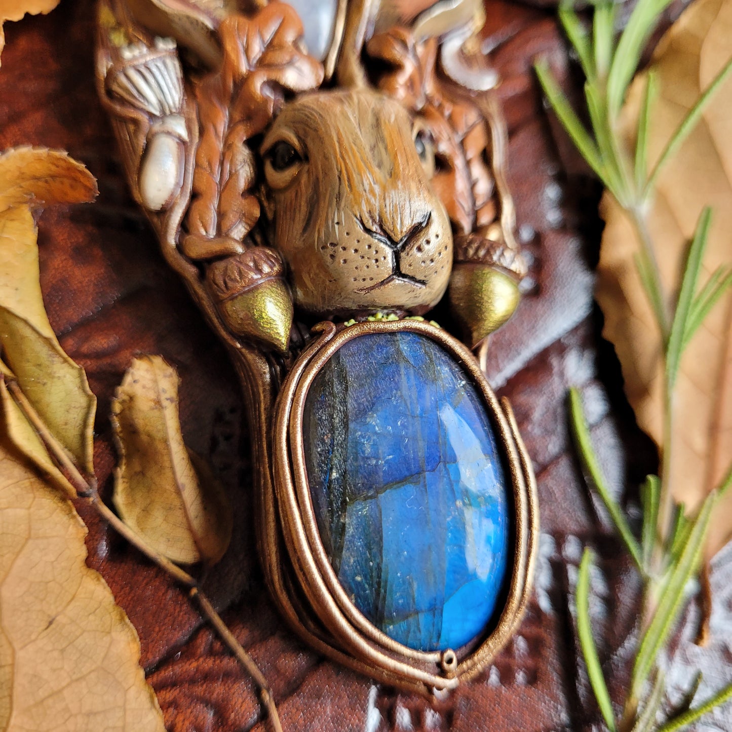 Wild Autumn Hare Talisman ~ Labradorite & Rainbow Moonstone