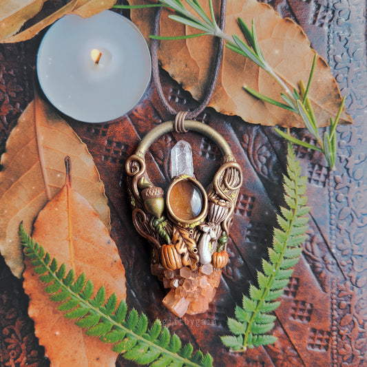 Pumpkin, Fungi & Oak Fall Talisman ~ Aragonite, Natural Citrine & Quartz