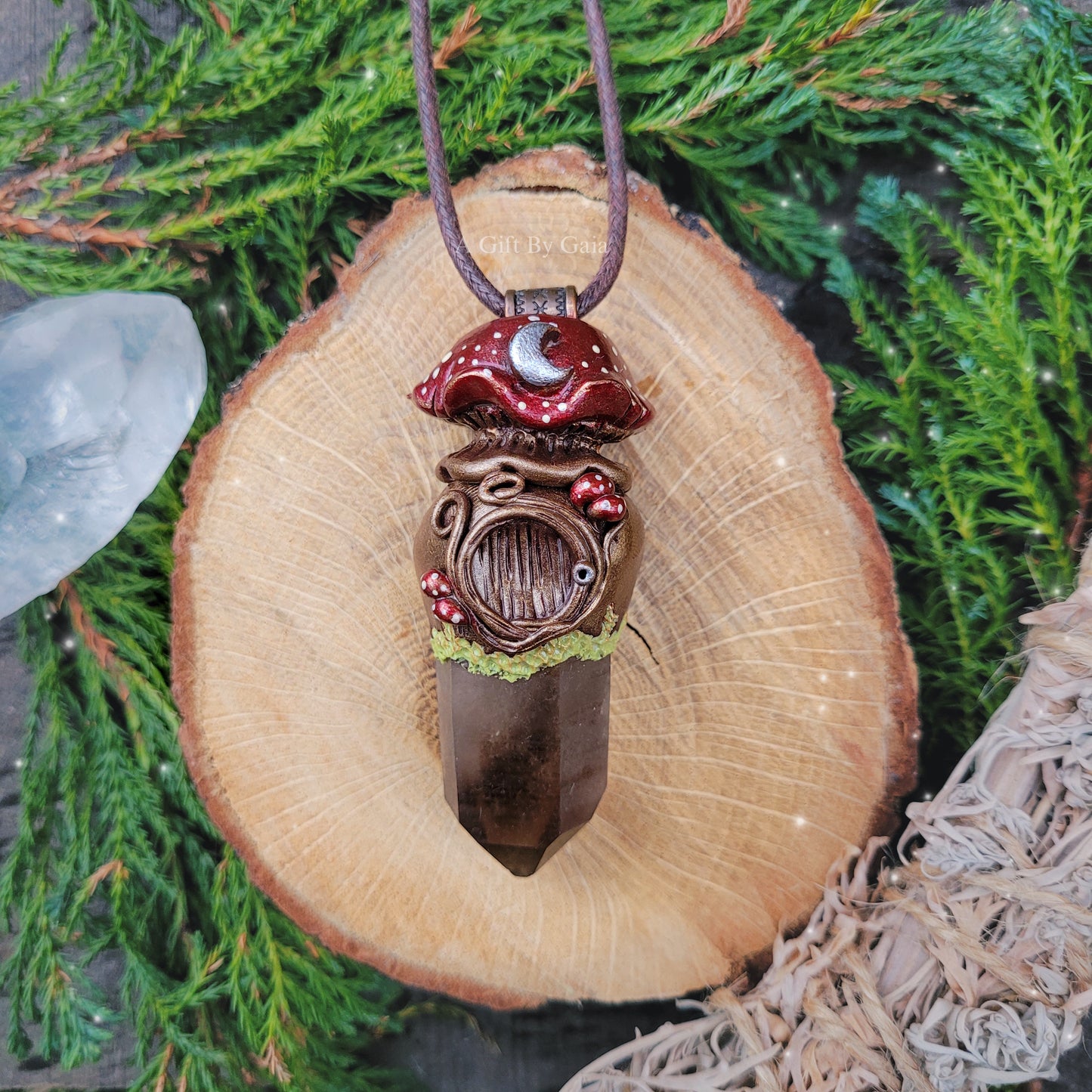Large Crystal Moon Mushroom Faery House Pendant ~ Smokey Quartz